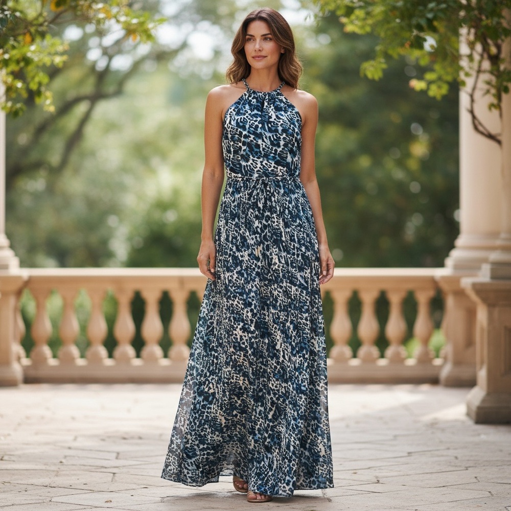 Y2K Cache Blue Maxi Dress – Size 4 – Chain Halter Neck